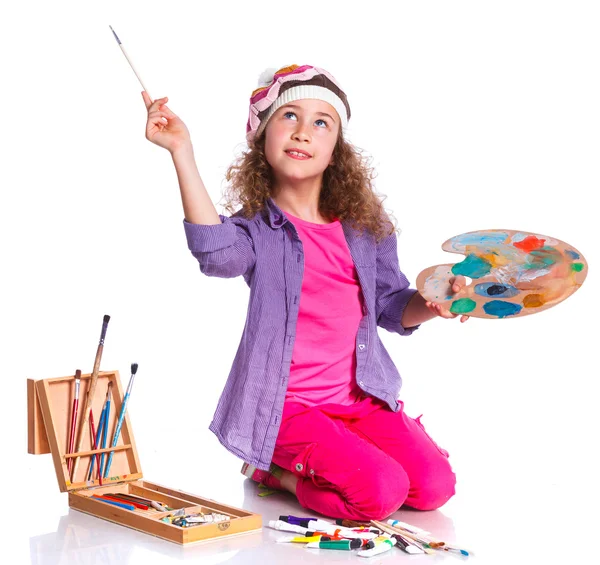 Girl with watercolor painting — Stock Photo, Image