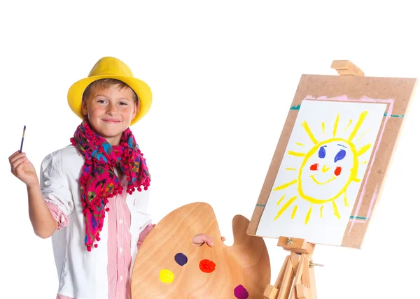 Boy with watercolor painting — Stock Photo, Image