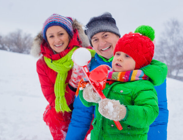 Семья веселится в снегу
