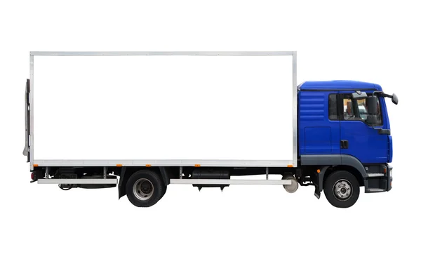 Blauwe en witte lading vrachtwagen — Stockfoto