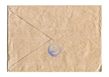 Kahverengi ve bej renkli, beyaz arka planda damgalı bir zarf. Şirket yazışmalarında kullanılabilir.