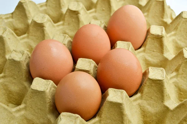 新鲜的有机褐色鸡蛋在纸盒包装中 保护纸黄色蛋盒 — 图库照片