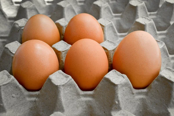 Свежие Органические Коричневые Яйца Коробке Пакет Защищенная Бумага Серый Яйцо — стоковое фото