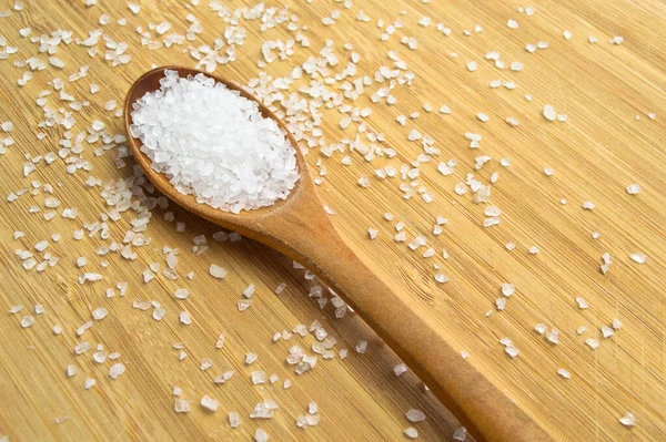 Table Rock Salt Used Cooking Wooden Spoon Bamboo Cutting Board — Stock Photo, Image