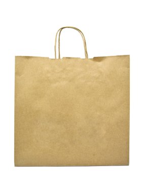 Geri dönüşümlü kâğıt alışverişi, beyaz arka planda bej bir çanta. Doğal Ürün. Geri dönüşümlü kağıt