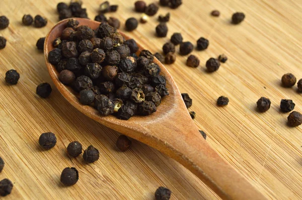 Aromatic Fresh Peppercorns Spoon Wooden Bamboo Cutting Board Stock Picture
