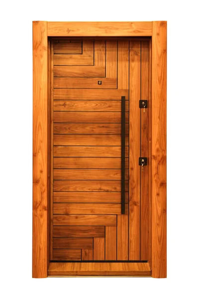 Modern Kahverengi Ahşap Kapı Çok Sağlam Çelik Kapı Beyaz Arka — Stok fotoğraf