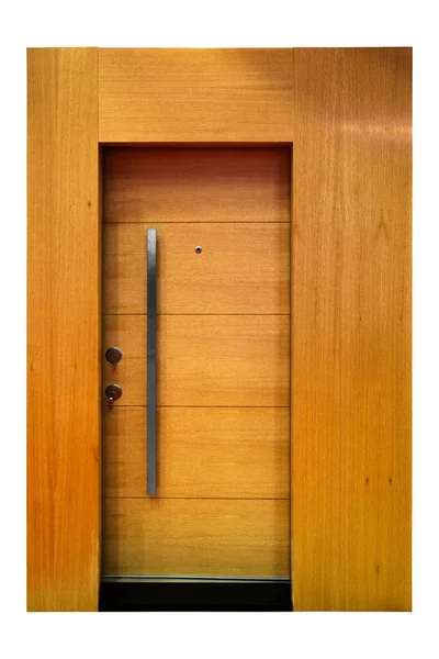 Moderna Porta Ingresso Legno Beige Porta Acciaio Molto Robusta Isolata — Foto Stock