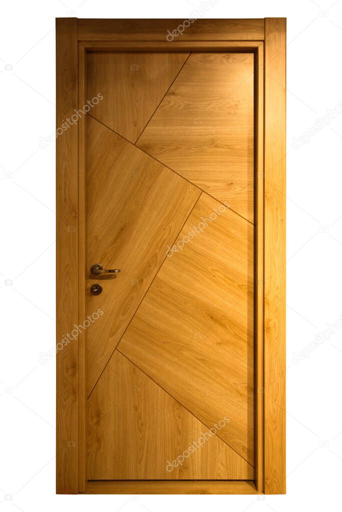 Modern beige walnut front entrance wooden door in house interior, isolated on white background