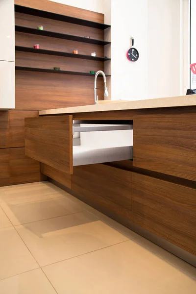 Interior Luxurious Modern Kitchen Equipment White Walnut Cabinets — Stock Photo, Image