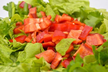 Taze çiğ yeşil sağlıklı marul salatası cam tabakta, beyaz arka planda izole edilmiş.