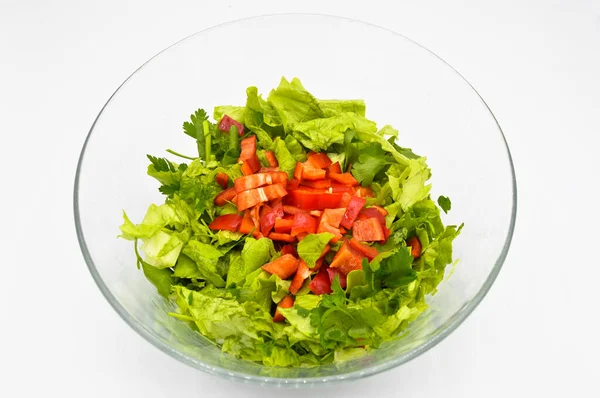Frischer Roher Grüner Gesunder Salat Glasteller Isoliert Auf Weißem Hintergrund — Stockfoto