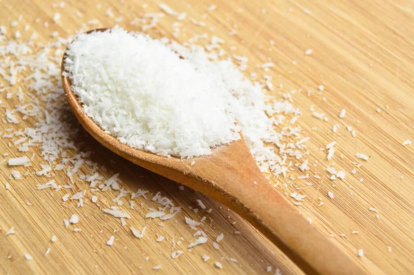 Ground Fresh Nutritious Coconut Wooden Spoon Bamboo Cutting Board — Stock Photo, Image