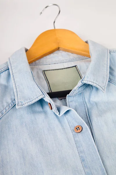 Light Blue Denim Shirt Collar Button Detail Close Blue Jean — Stock Photo, Image