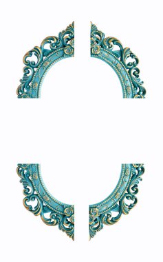 Turkuaz ve altın yaldızlı oval çerçeve, beyaz arka planda izole.