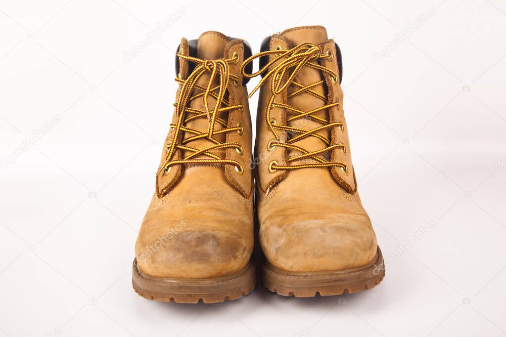 Hiking shoes and a white background, Sturdy hiking boots, strong hiking boots