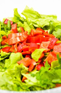 Taze çiğ yeşil sağlıklı marul salatası cam tabakta, beyaz arka planda izole edilmiş.