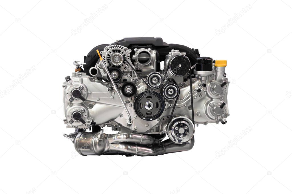 More powerful new generation car engine consuming less fuel, isolated on white background