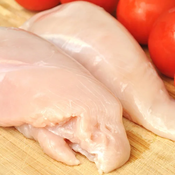 Fresh Raw Chicken Meat Breast Pieces Ready Cook Tomato — Stock Photo, Image