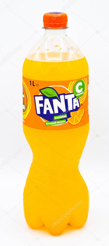 Fanta carbonated drinks orange in 1 liter plastic bottles, Istanbul Turkey August 02 2020, isolated on a white background
