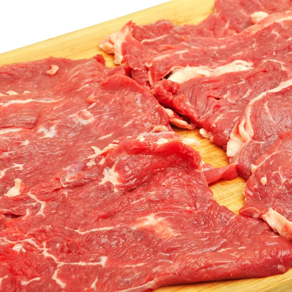 Viande Bœuf Crue Rouge Propre Très Fraîche Bambou Sur Planche — Photo