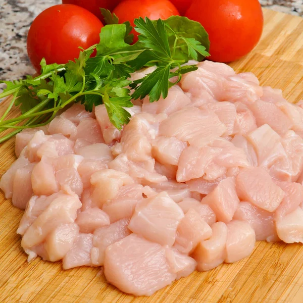 Fresh Raw Chicken Meat Breast Pieces Ready Cook Tomato Parsley — Fotografia de Stock