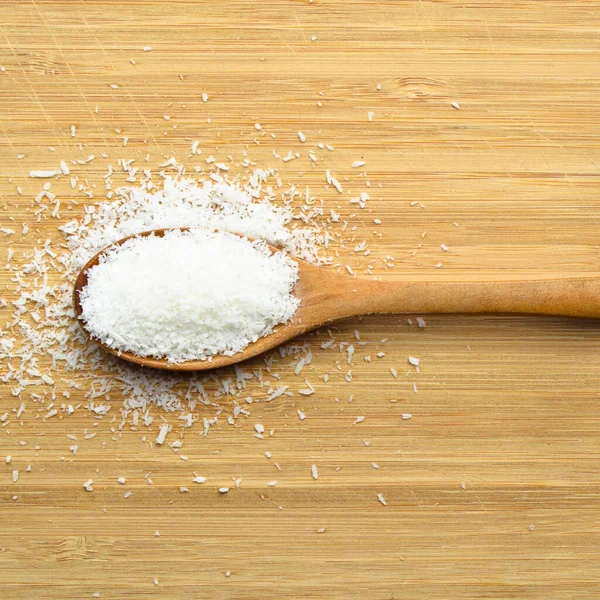 Ground Fresh Nutritious Coconut Wooden Spoon Bamboo Cutting Board — Stock Photo, Image