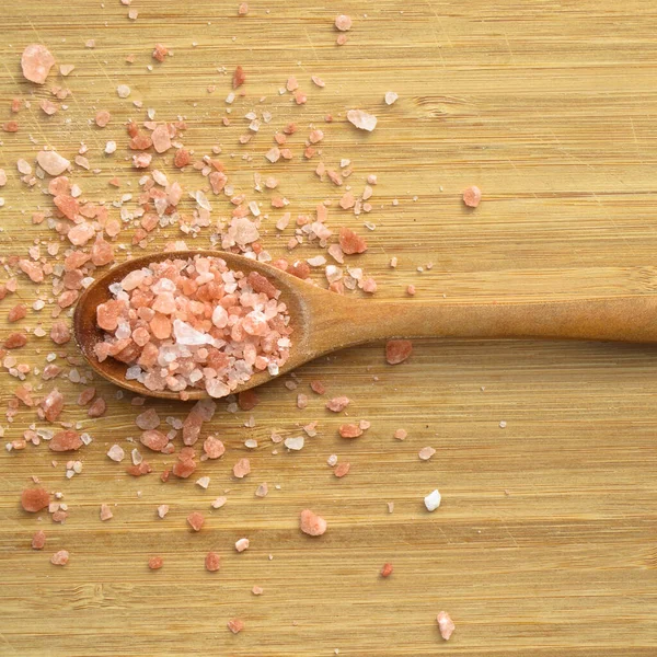 Healthy Pink Himalayan Salt Wooden Spoon Wooden Background — Stock Photo, Image