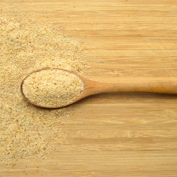 Fresh Tasty Bread Crumbs Galeta Flour Wooden Spoon Brown Bamboo — Stock Photo, Image