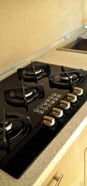 Modern Clean Kitchen Black Glass Ceramic Built Gas Oven Detail — Stock Photo, Image