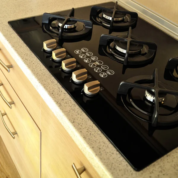 Modern Clean Kitchen Black Glass Ceramic Built Gas Oven Detail — Stock Photo, Image