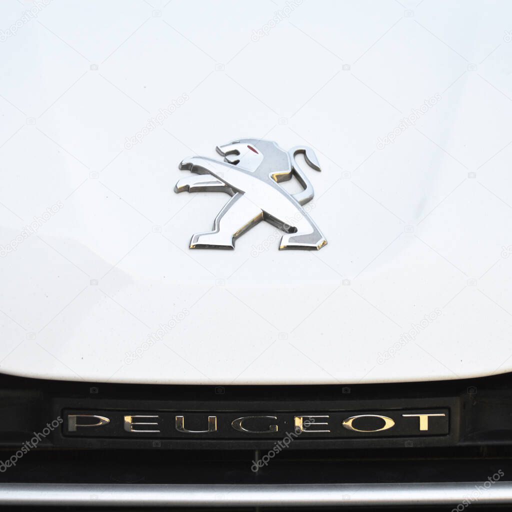 Peugeot chrome metal logo, luxury car in Istanbul city, June 23.2017 Istanbul pendik second hand car market