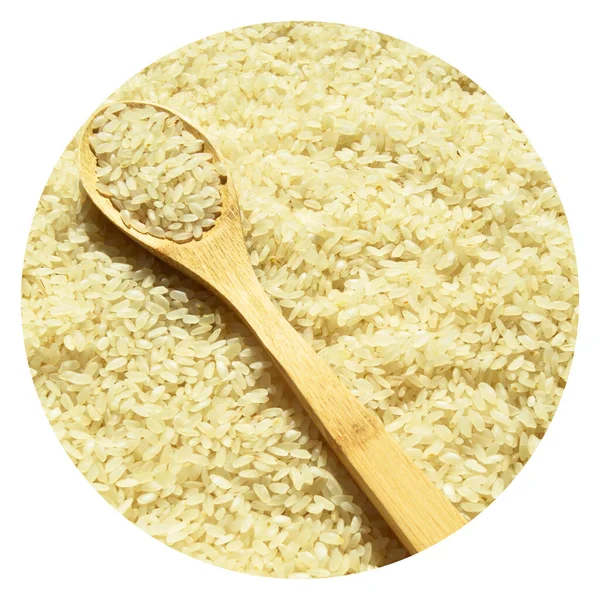新鮮な有機白生乾燥米の穀物の食感と木製のスプーン 調理されていない米の背景 — ストック写真