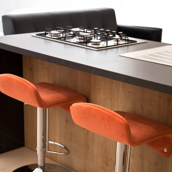 Interior Luxurious Wooden Modern Kitchen Equipment Orange Chair — Stock Photo, Image