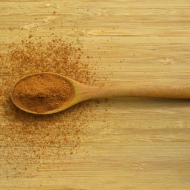 Ahşap arka planda, ahşap kaşıkta tarçın tozlu lezzetli aromatik baharatlar.