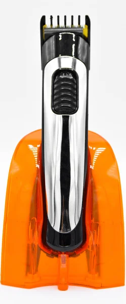 Cordless Chrome Electric Shaver Orange Charger Charged Hair Clipper Isolated — Stock Photo, Image