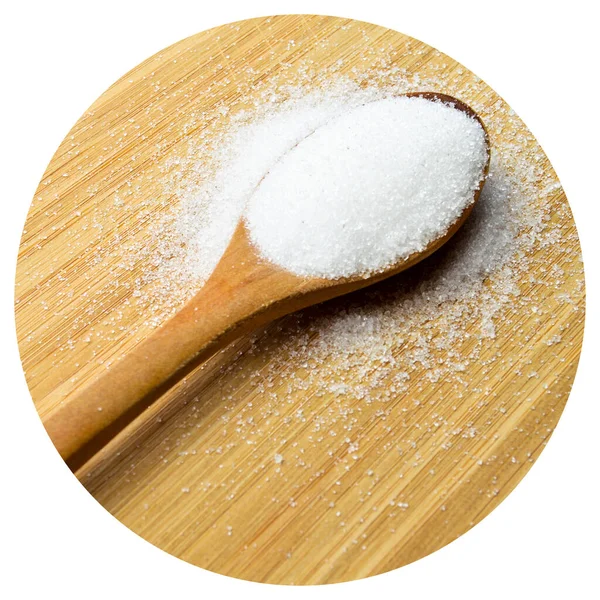 Azúcar Granulado Blanco Cuchara Madera Sobre Tabla Cortar Bambú Sobre — Foto de Stock