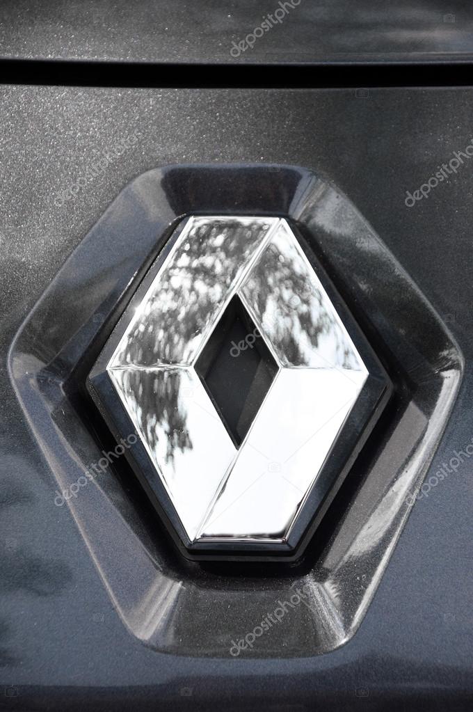 Close-up Renault logo. Chrome metal
