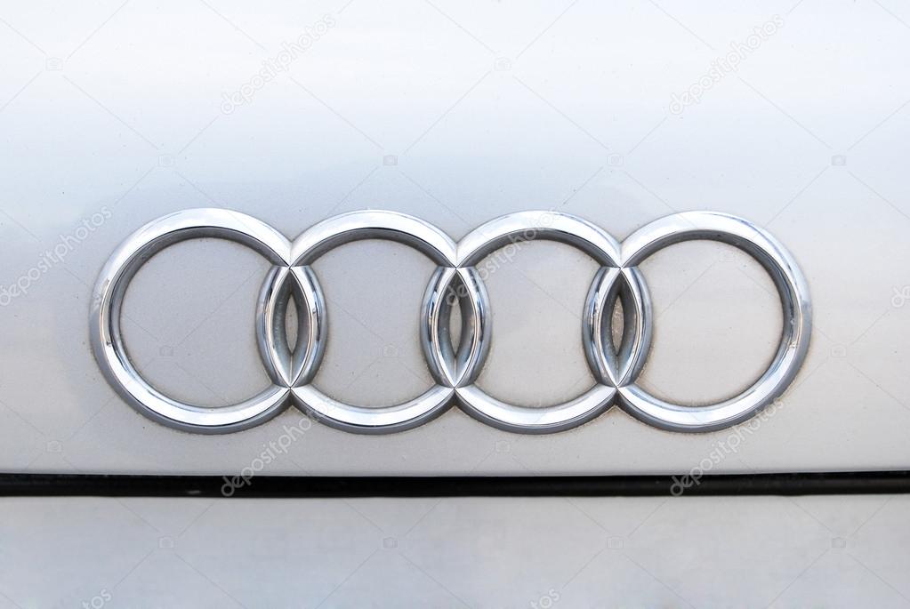 Close-up audi logo. Chrome metal