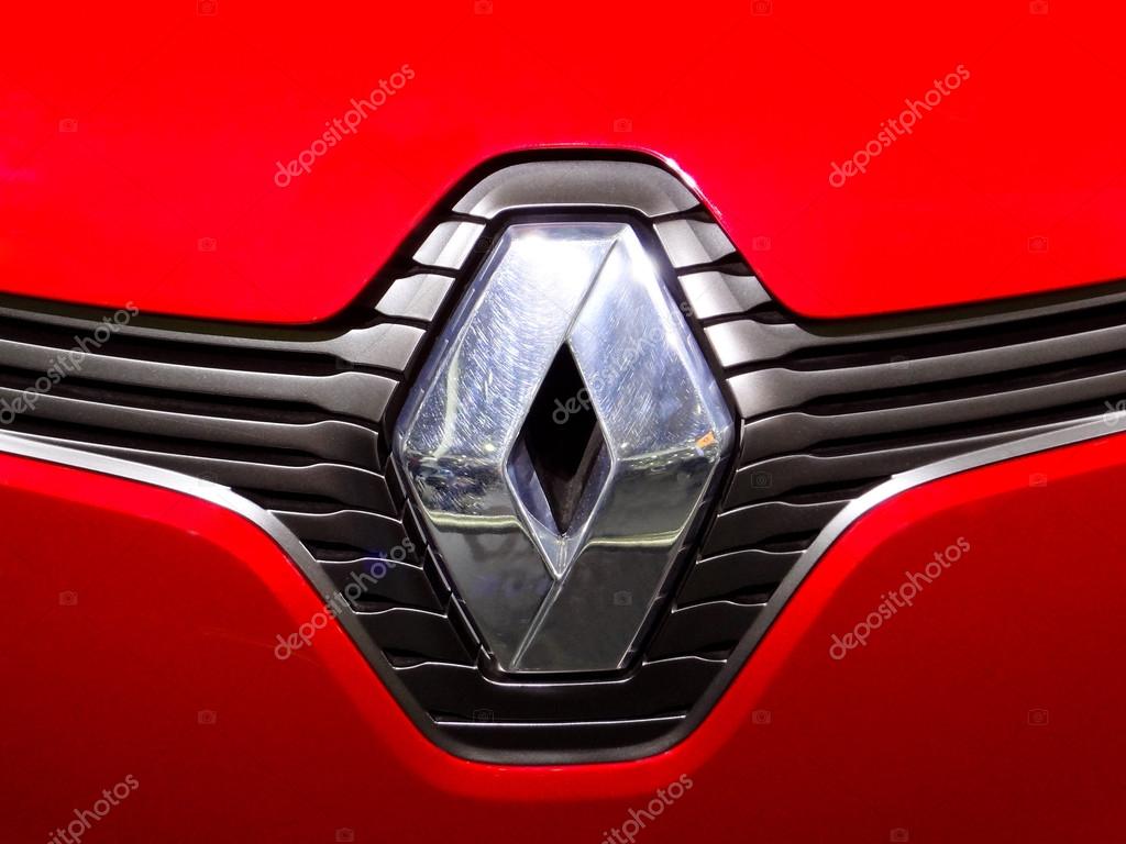 Close-up Renault logo. Chrome metal