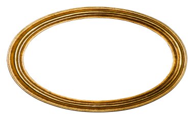 Oval boş şeffaf ahşap ve altın yaldızlı süslemeli çerçeve, beyaz arka planda izole