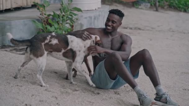 Ung afrikansk amerikansk man leker med två hundar på stranden — Stockvideo