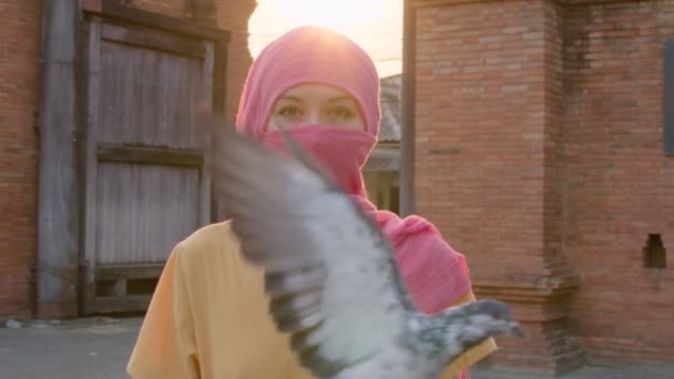 Attraktiv muslimsk kvinna med naturlig make up bär rosa hijab halsduk tittar på kameran — Stockvideo