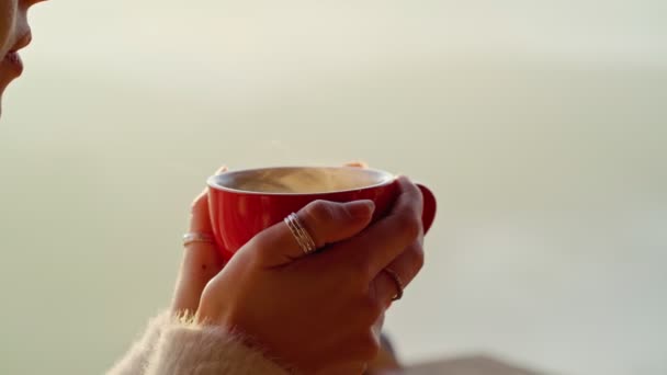 年轻的女人坐在悬崖上，手里拿着一大杯咖啡，带着雾俯瞰群山 — 图库视频影像