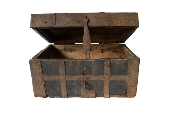 Open Old Chest White Background Wooden Box Upholstered Iron — Stock fotografie