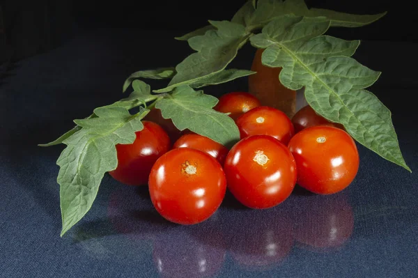 緑の葉でテーブルの上にトマトを熟す 黒を背景にした食べ物 — ストック写真