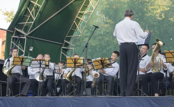 Musicien d'orchestre joue sur instrument à vent le jour de la ville M — Photo