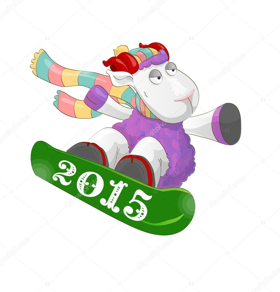 Funny ram riding a snowboard 2015  onisolated white