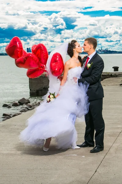 Beautiful bride with groom on seashore — Stock Photo, Image