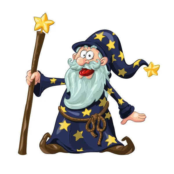 Funny Wizard with Magic Wand — Stock Vector